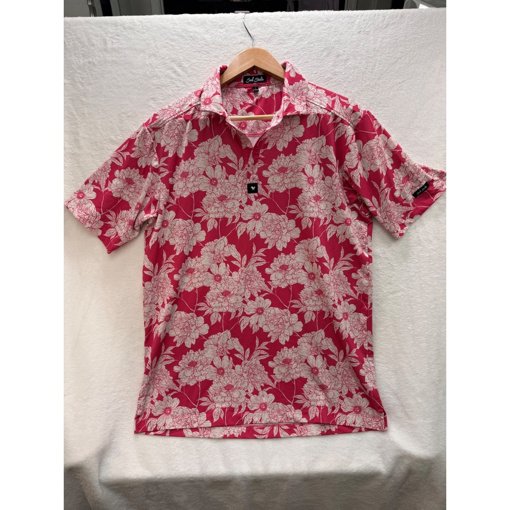 Bad Birdie Golf Polo Mens Large Pink White Floral Performance Shirt EUC